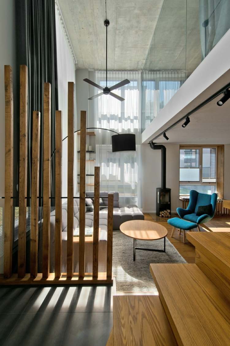 design divisor de quarto de madeira barras de madeira escadas sofá poltrona