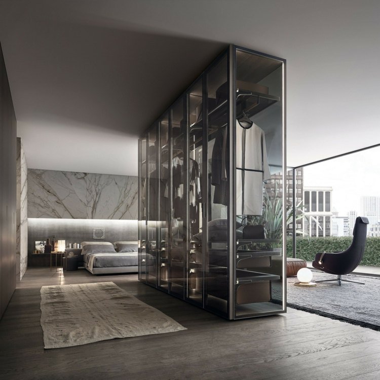 guarda-roupa como divisória do quarto design de vidro metálico