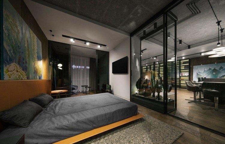vitrine de aço e vidro como divisória divisória da sala, área de dormir, sala de estar