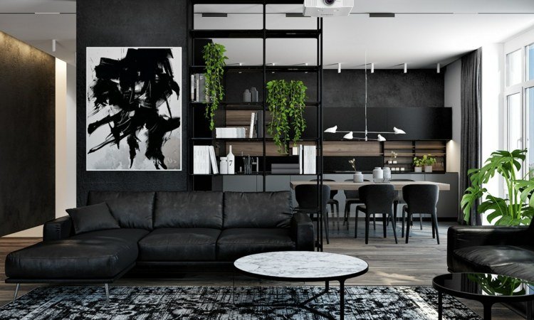 divisor de quarto design prateleira preta plantas de casa área de estar aberta