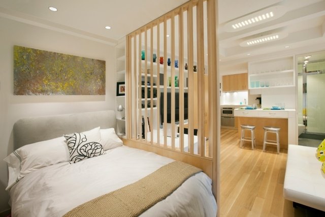 Divisórias de sala de ideias para quartos - área de estar de madeira - apartamento de um cômodo