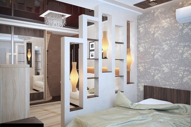 divisor de sala-quarto-ideias-prateleira-parede-pendente-luzes-design