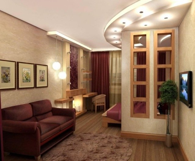 layout do quarto - apartamento de um quarto - bege - cor de bordô - detalhes em madeira