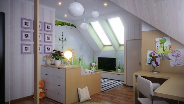 Tapete de cômoda para quarto infantil inclinado com listras no teto