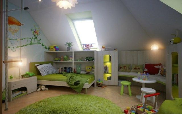 Quarto infantil com janela de design, telhado verde escuro