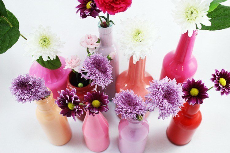 Reciclagem de funileiros crianças-garrafas de vidro-vasos-flores cortadas