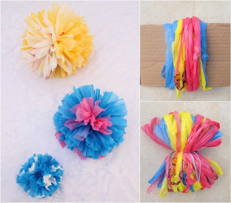 reciclando-consertando-crianças-sacolas plásticas-pompons-flores