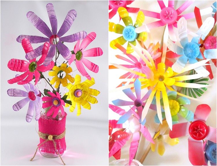Reciclagem de artesanato infantil-garrafa-de-plástico-buquê-vaso
