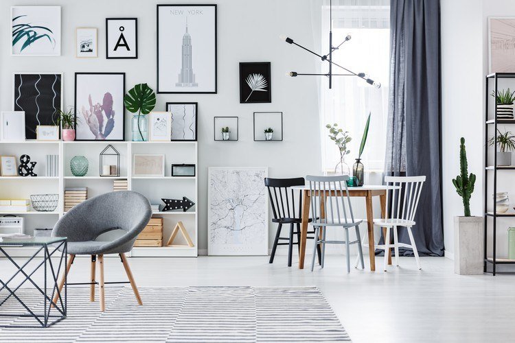 Estilo de estar escandinavo sala de estar com móveis modernos e prateleiras ideias de decoração