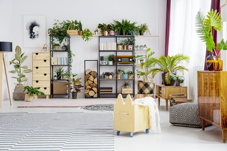 Boho sala de estar com ideias para decorar a prateleira lindamente