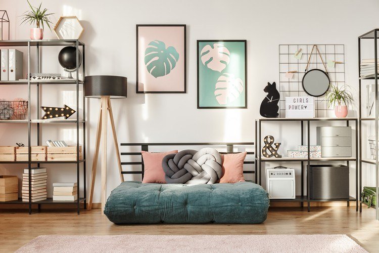 estilo de casa industrial sala de estar moderna configuração decorar prateleira aberta