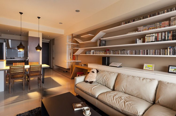 Prateleiras feitas sob medida-design-árvore-gato-sala-moderno-branco-bege