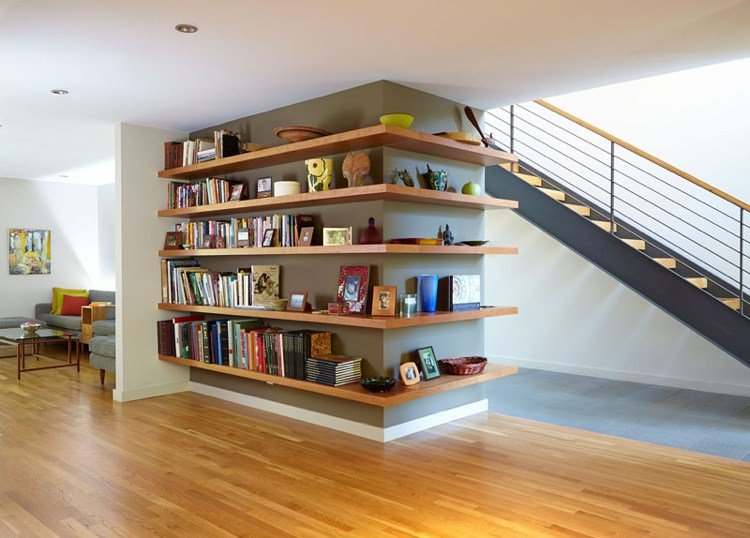 shelving-corner-building-around-wood-gray-wall-paint