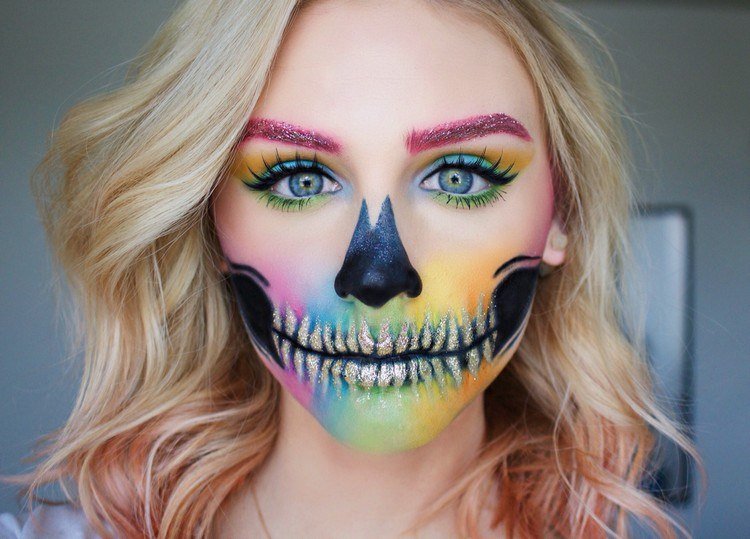 fantasia de carnaval de halloween, maquiagem, arco-íris, açúcar, caveira