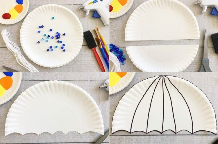 Faça um guarda-chuva - corte o prato de papel ao meio e corte uma borda ondulada