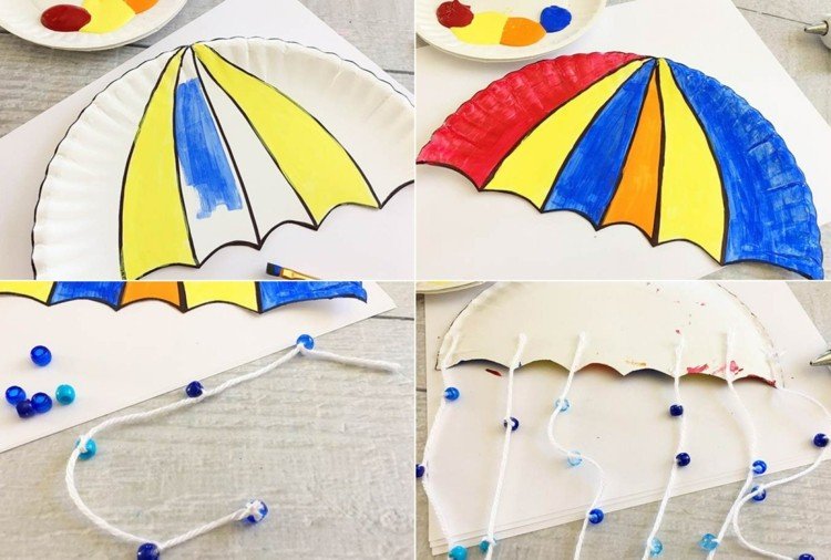 Faça o guarda-chuva, desenhe seções, pinte e decore com cordão de pérolas