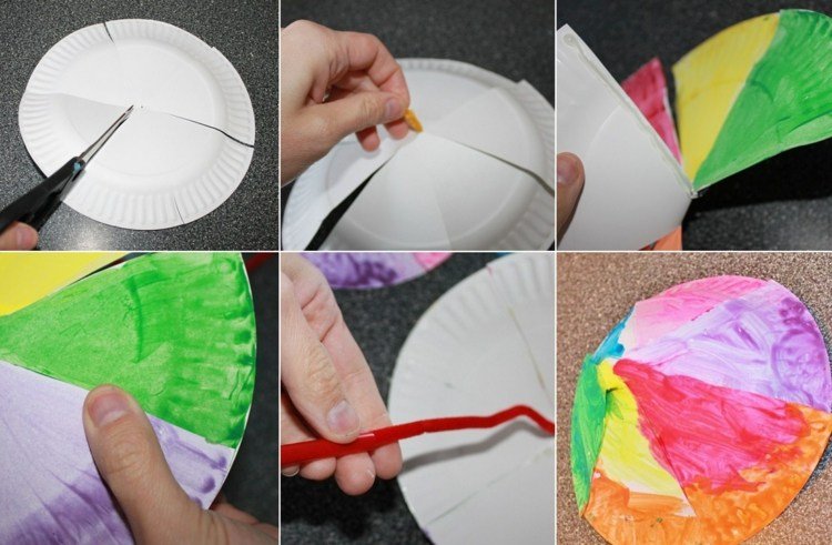 Guarda-chuva de placa de papel nas cores do arco-íris - instruções para crianças