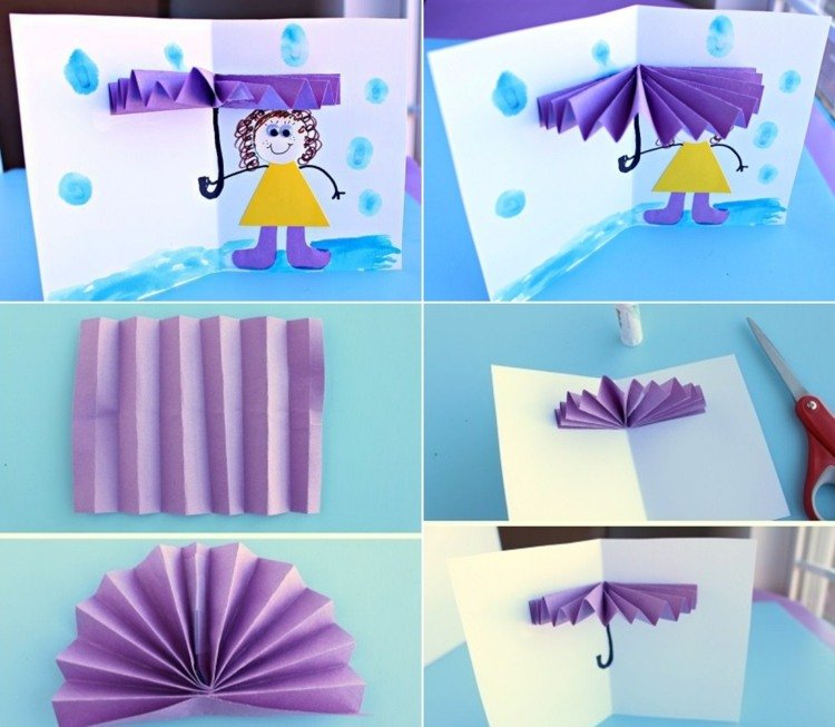 Faça um leque de papel e use-o como guarda-chuva para um cartão DIY