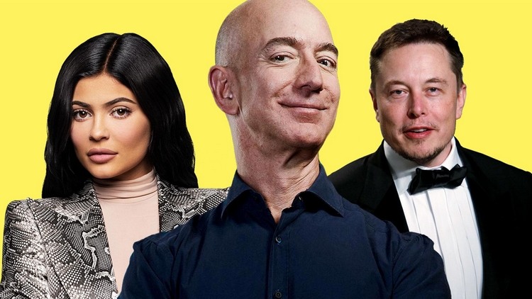 elon musk kylie jenner e jeff bezos em uma colagem com fundo amarelo
