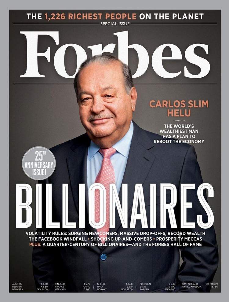 primeira página da forbes com carlos slim helu como um bilionário e uma das pessoas mais ricas do mundo