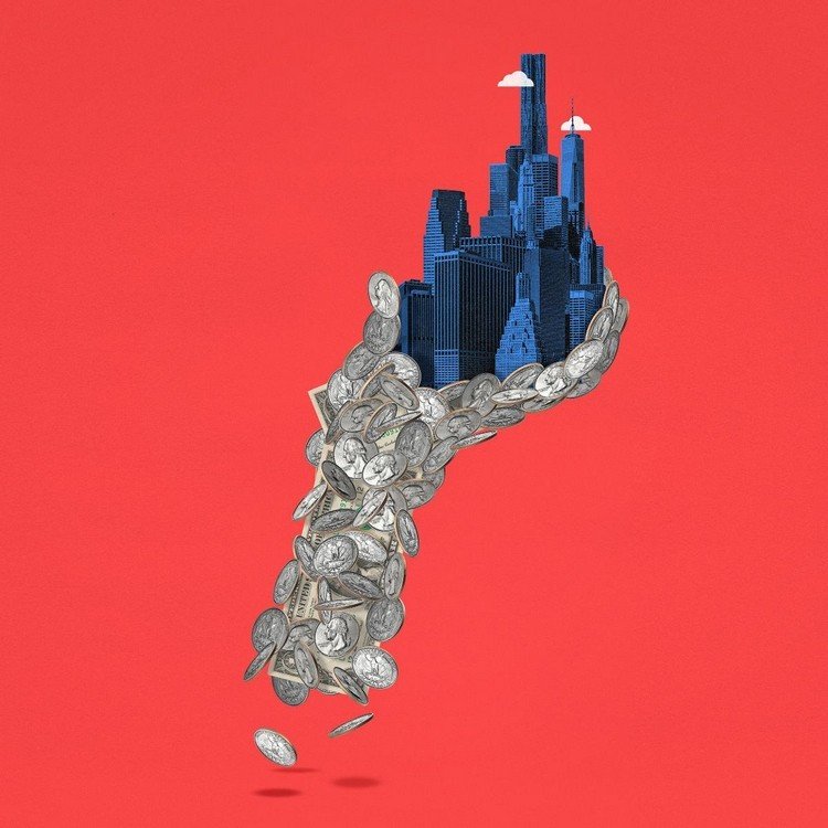 Capitalismo retratado como uma cidade americana com arranha-céus feitos de dinheiro