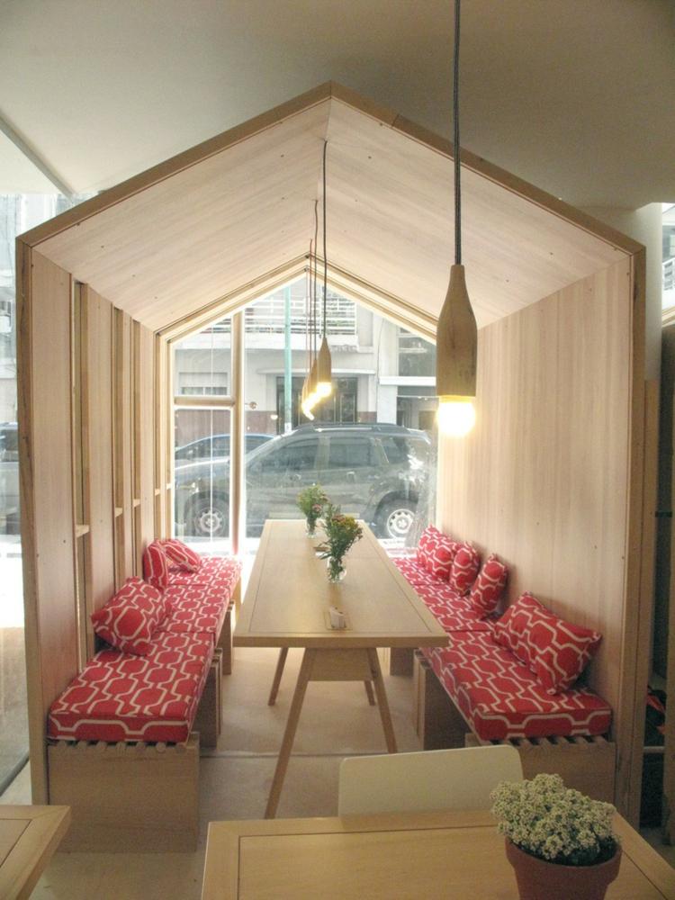 restaurante balanços área de estar dos pais estofamento padrão vermelho planta deco