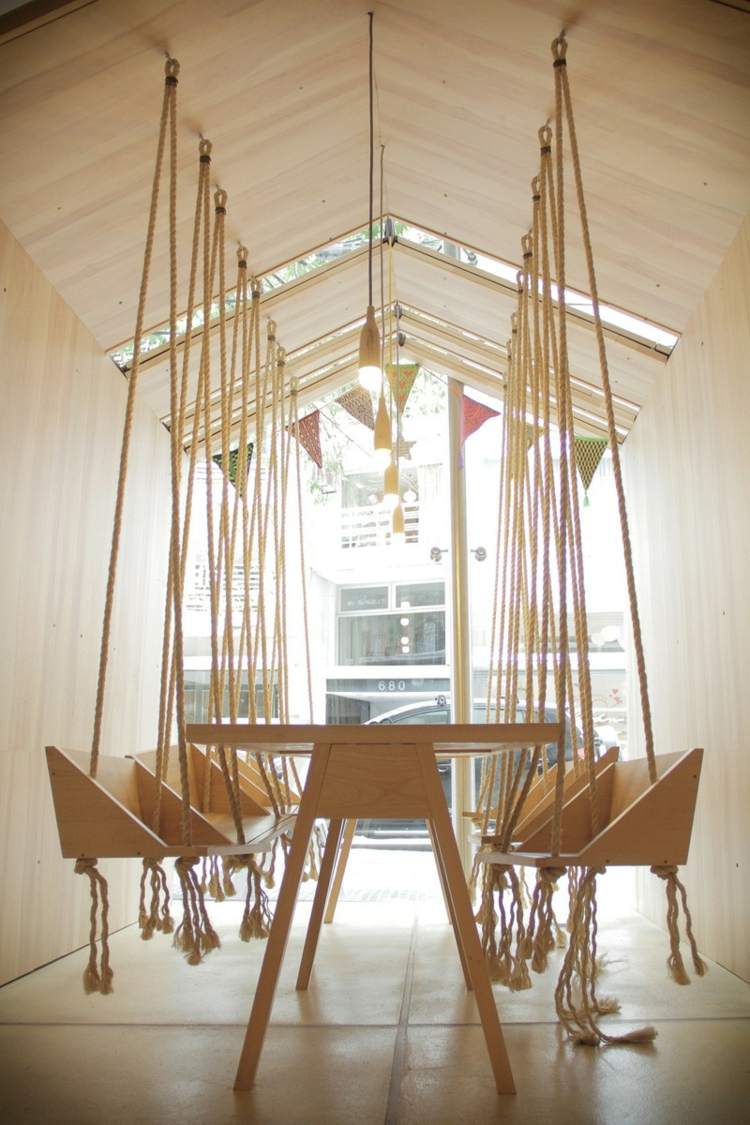 restaurante balanços móveis de madeira design ambiente moderno aconchegante