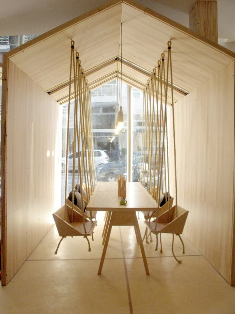 restaurante balanços madeira design cordas mesa azulejos interior