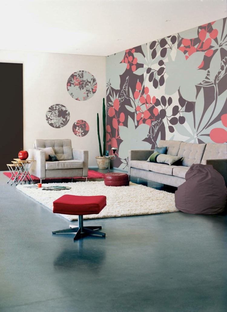 retro design de parede sala de estar-papel de parede-floral-mobília-ideia