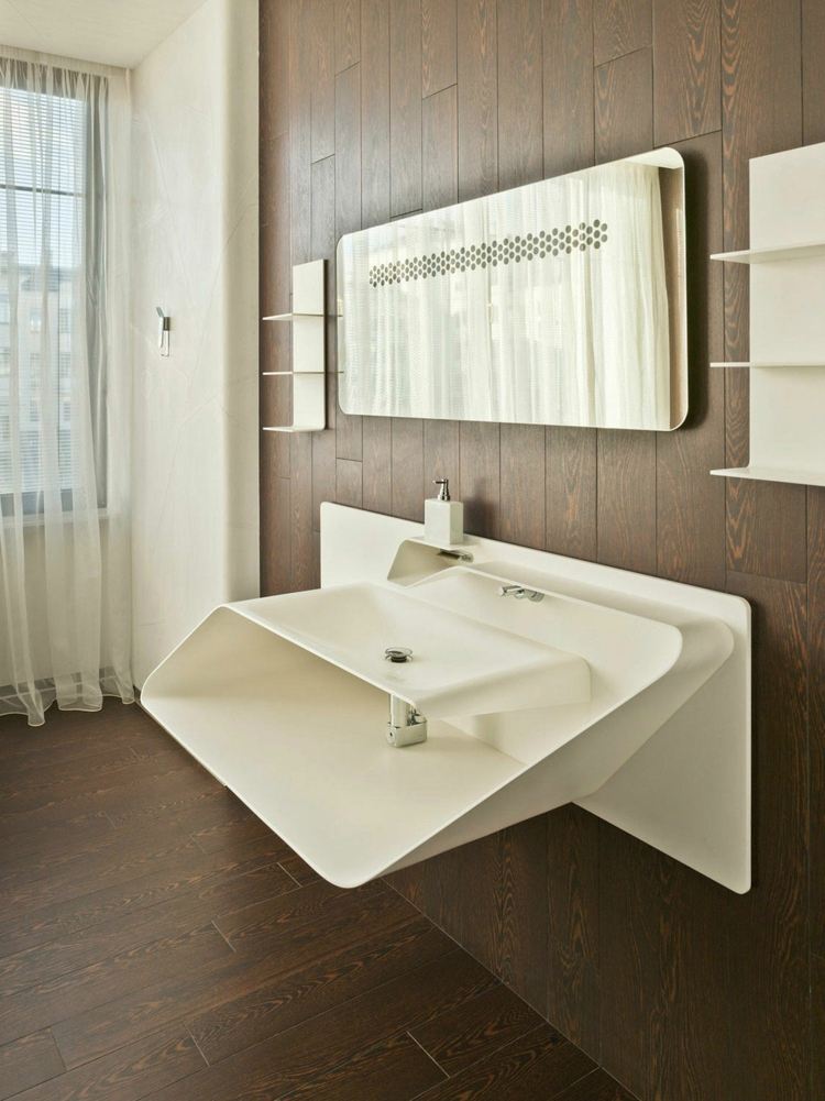 retro-wall design-wall cladding-wood-dark-white-furniture-sink-futuristic