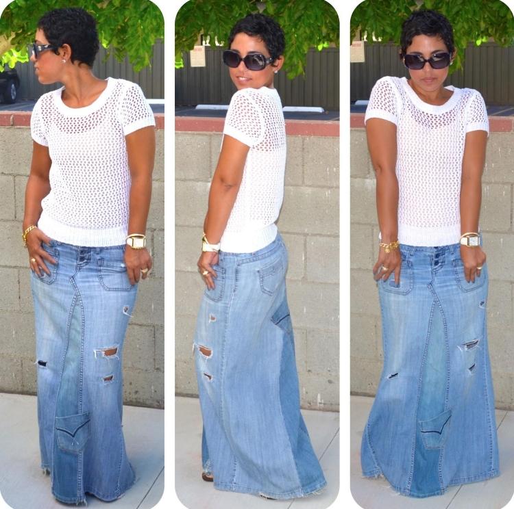 Jeans-saia-e-jeans-costura-top-malha-branca-maxi-rasgada-moda casual