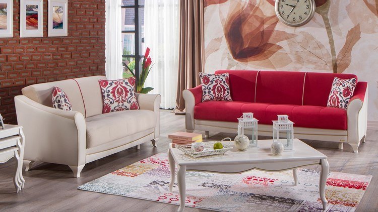 Sofá vermelho papel de parede bege-flor-motivo-combinação-branco-creme