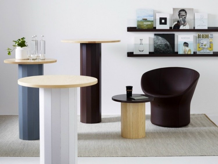 mesa lateral-mesa redonda coluna-geométrica-prateleiras-poltrona-boné-Karl-Andersson- & amp; Soener
