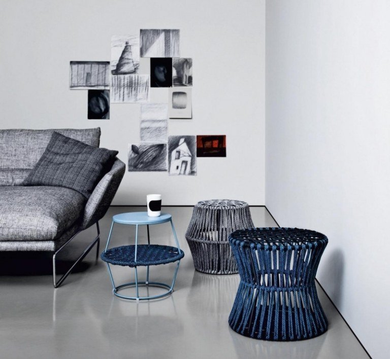 Mesa lateral redonda - azul-cinza-sofá-trança-corda-design-ziggy