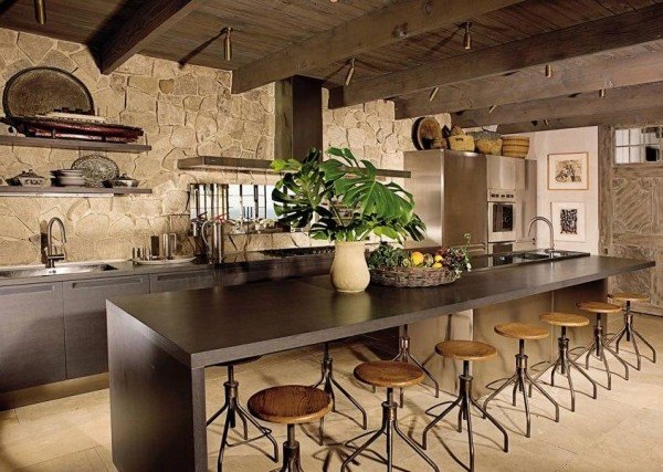 Projeto de parede rústica ideias para móveis de cozinha cadeiras de metal balcão de bar madeira