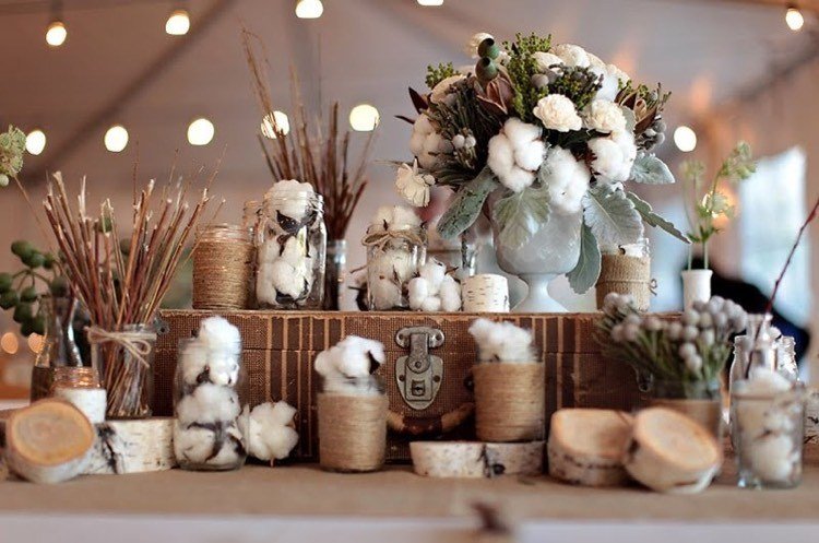 decoração de mesa-rústico-algodão-galhos-bétula-tronco-galhos-casamento de prata