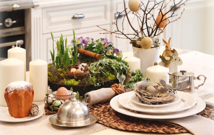 decoração de mesa-rústico-primavera-páscoa-páscoa arranjo-rattan-placemat-ninho