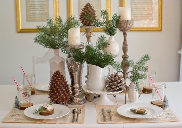 decoração de mesa-rústico-inverno-abeto-verde-níveis diferentes