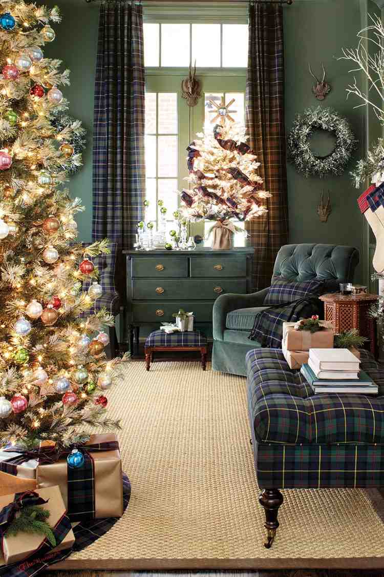 Decoração clássica de Natal com mantas quadriculadas verdes