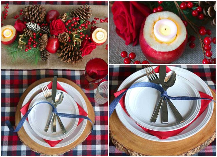 Decoração de Natal para a mesa oca de maçãs toalha de mesa quadriculada