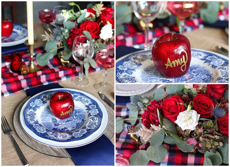 decoração de mesa rústica para o Natal em maçã vermelha vermelha e azul