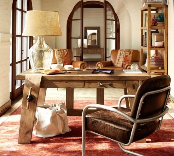 Candeeiro de mesa com design de madeira claro elementos decorativos janela tapete cadeira de couro estrutura de metal sistema de prateleiras poltrona estofada