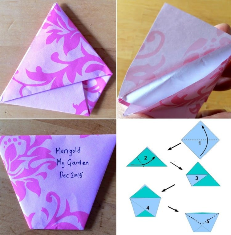 Faça sacos de sementes e use papel colorido ou recicle papel de jornal
