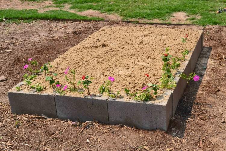 Build-it-yourself-sandpit-concrete-stone-idea-flower-plants