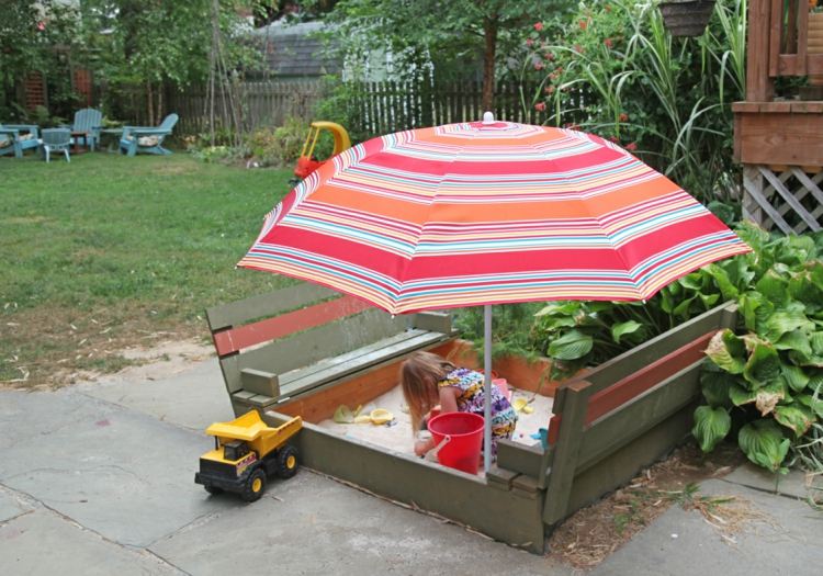 self-build-sandpit-parasol-strip-protection-child bench