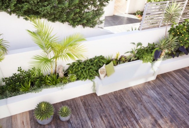 Terraço de madeira com vasos de flores verticais, banco aconchegante e confortável