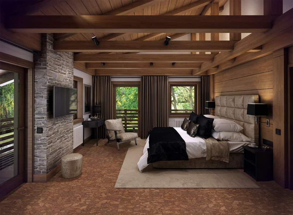 casa nobre construída com materiais naturais e piso de cortiça de forma amiga do ambiente