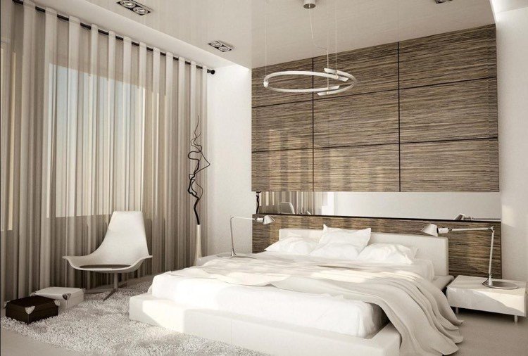 quarto-branco-cama-madeira-parede-espelho-listras-luz do dia