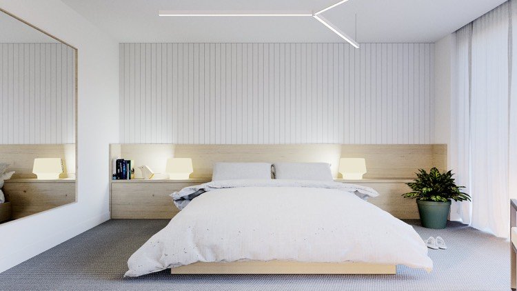 quarto-branco-minimalista-madeira-luz-quente-espelho de parede