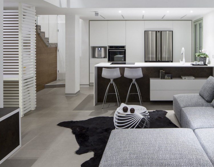 sala de estar-cinza-aberto-cozinha-design-minimalista-apartamento-loft